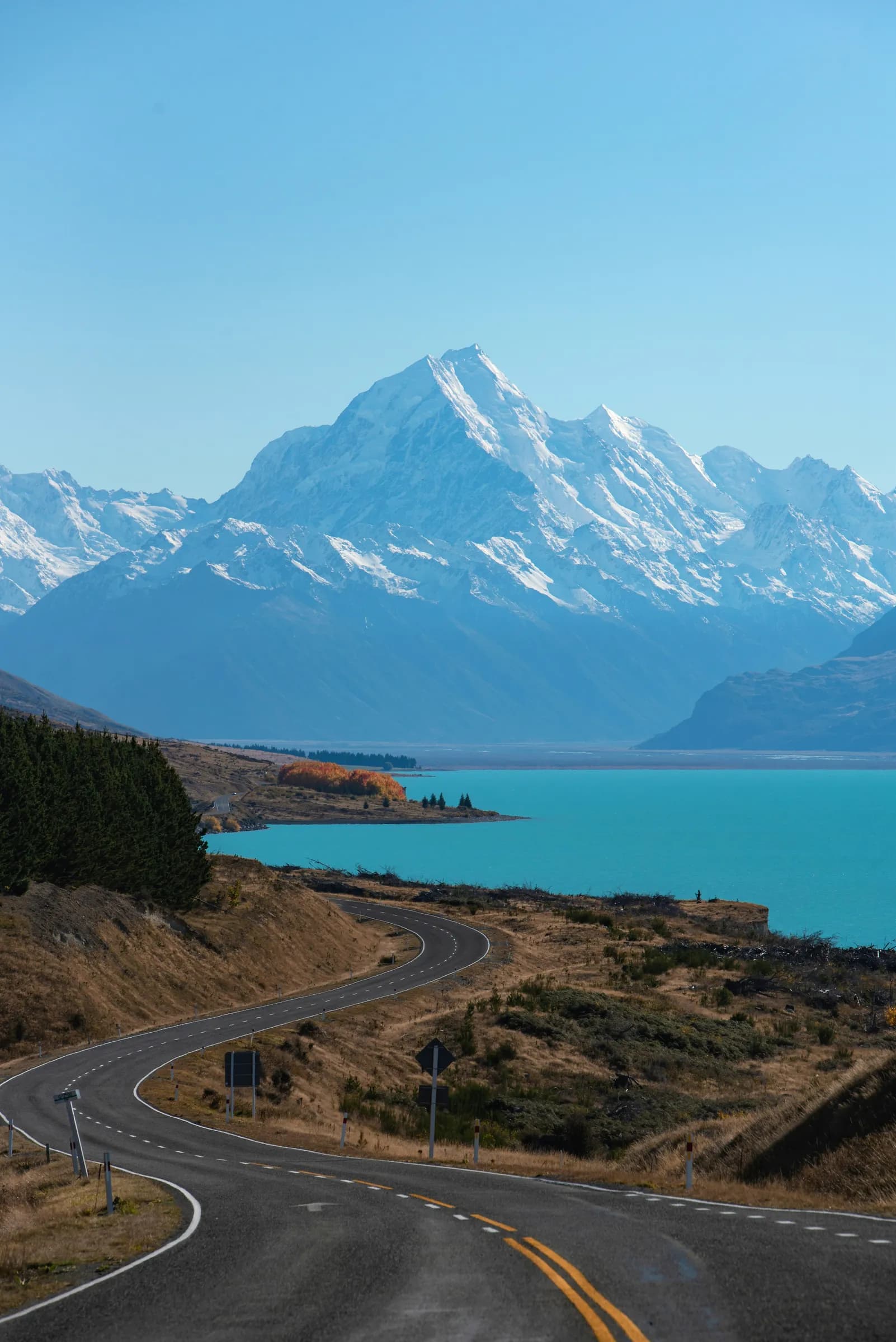Aoraki / Mount Cook rising above Lake Pukaki and the open road, New Zealand